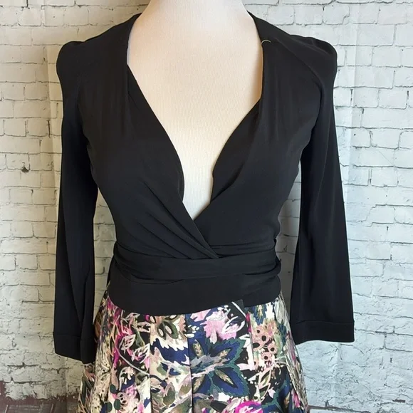 Diane Von Furstenberg Jewel Wrap Dress 2 Black Floral Pleated Silk Combo Classic